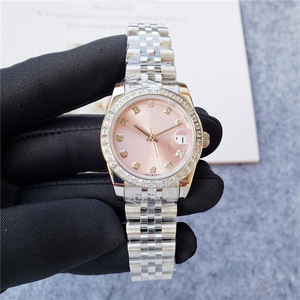 

selling styles pink dial watch diamond bezel women stainless watches automatic mechanical watch 31mm, Slivery;brown