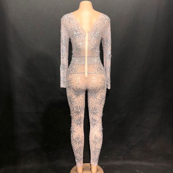 

women sparkly crystals jumpsuit perspective net yarn bodysuit costume dance stage wear female singer big stretch outfit, Black;red