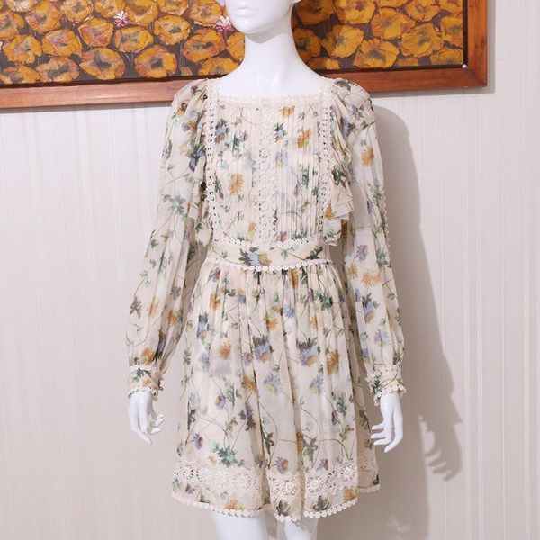 

casual dresses luxury silk floral print rife dandelion mini dress double layer ruffles lace trim blouson sleeves with buttoned cuffs, Black;gray