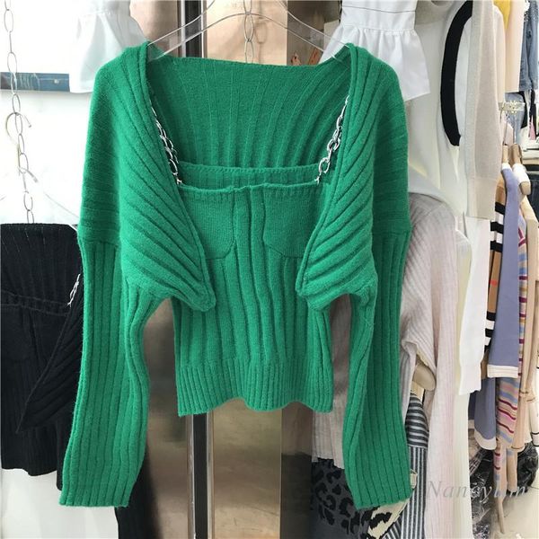 

women's knits & tees womens sweaters ins all-matching chain camisole + knitted shawl cardigan two-piece spring autumn lady green black, White