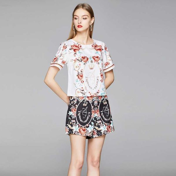 

summer women flower printed two-piece set o neck short sleeve shirt + shorts suits 210531, White
