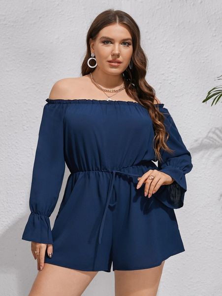 

plus off shoulder flounce sleeve tie front romper 04o8#, Black