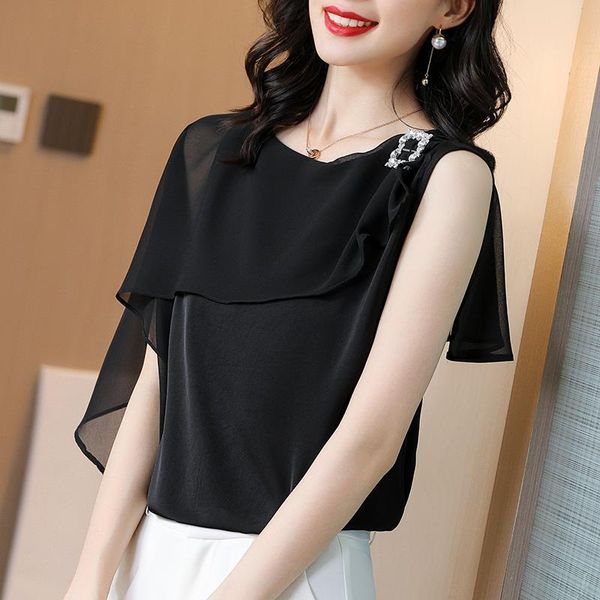 

women's blouses & shirts summer chiffon women short sleeve o-neck splice casual loose black temperament mm0384, White