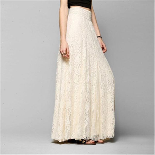 

2021 women double lace layer chiffon pleated long maxi skirt elastic waist floral ankle length long skirt streetwear pz1585, Black