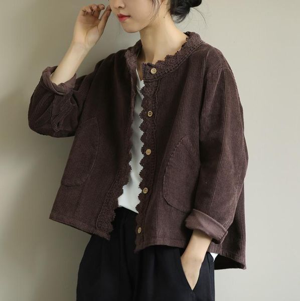 

corduroy women jackets 2021 autumn new casual lace solid color loose stand collar single-breasted embroidered women short coat, Black;brown