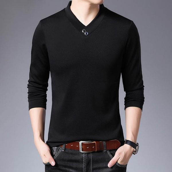 

men's t-shirts v-neck long-sleeved t-shirt 2021 spring autumn thin solid color bottoming shirt for men male casual tshirts, White;black