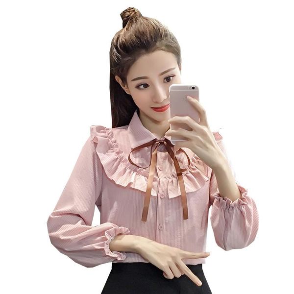 

spring autumn women's blouse elegant stripe bow tie turn-down collar formal shirts ladies office work wear d76, White