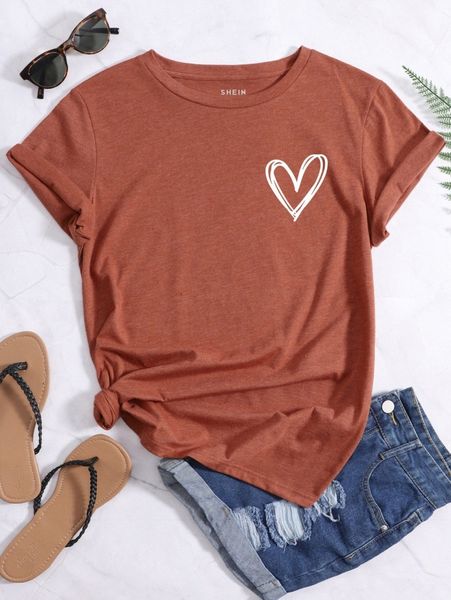 

heart print round neck tee 84sr#, White