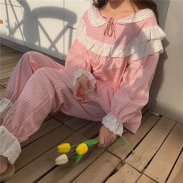 

women's sleepwear women pajamas pink plaid home clothes 2 piece set fancy lace lolita princess sleepwear loose pant pijamas cu, Black;red