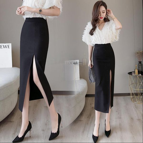

black plus size bodycon pencil long skirts with slit womens high waisted elastic red bag hip skirt step skirt clothes 2021