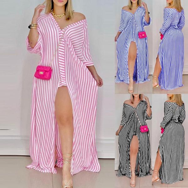

casual dresses loose women fashion dress v-neck half sleeve stripe printing shirt buttons slit ladies clothing, Black;gray