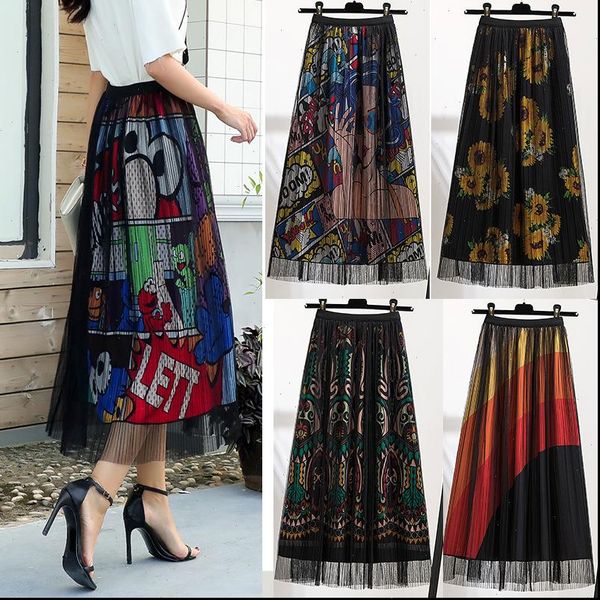 

black mesh long tulle skirts women 2021 new elegant a line female high waist pleat midi skirt floral print summer skirts gothic
