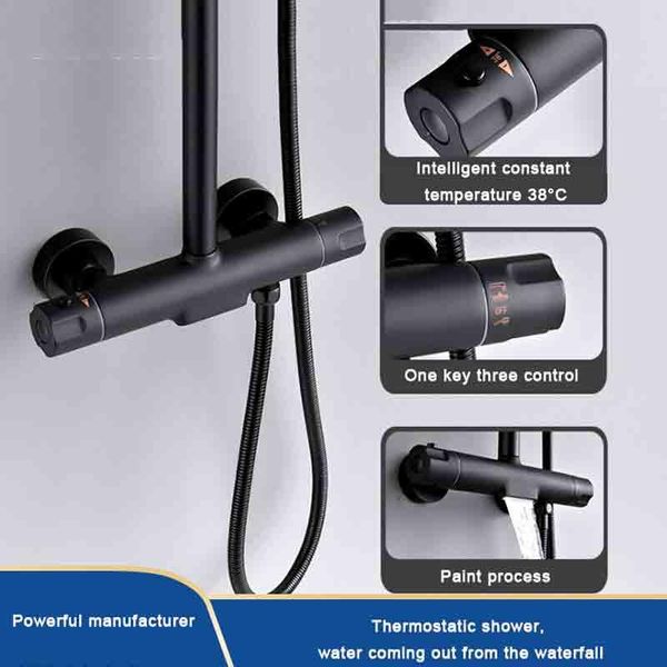

bathroom shower sets wall-mounted full copper light luxury baking jet black thermostatic waterfall spray set ae02ld-0002