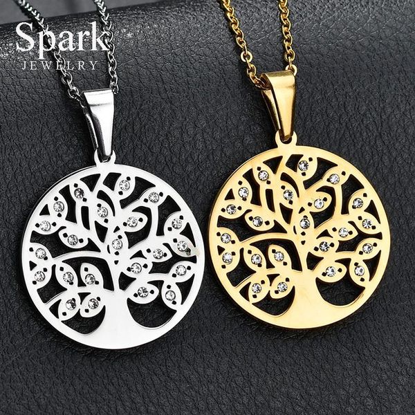 

pendant necklaces fashion cubic zirconia hollow tree of life necklace gold color cadena de enlace round kettings jewelry gift, Silver
