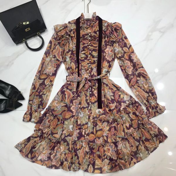 

222 xl 2021 runway dress spring summer long sleeve crew neck dress purple fashion flora print dress womens clothes weilan, Black