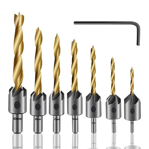 

professional drill bits quality 7pcs countersink bit, titanium plating bit set wood woodworking chamfer, with hex wrench for