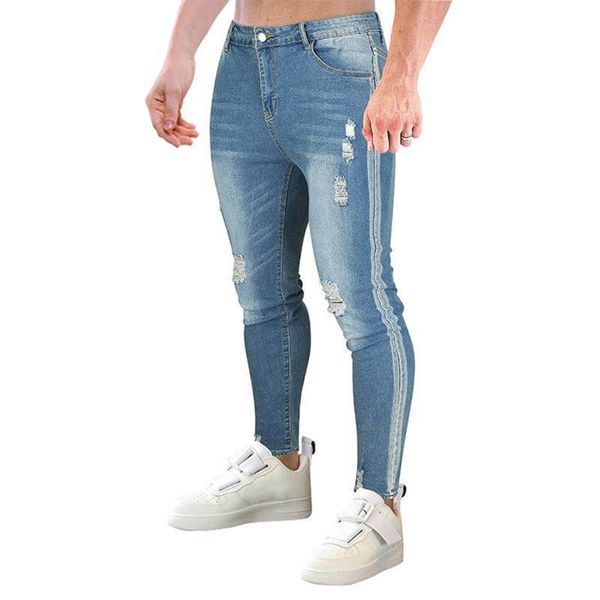 

men's jeans pants water casual cropped wash slim ripped fashion autumn, Blue