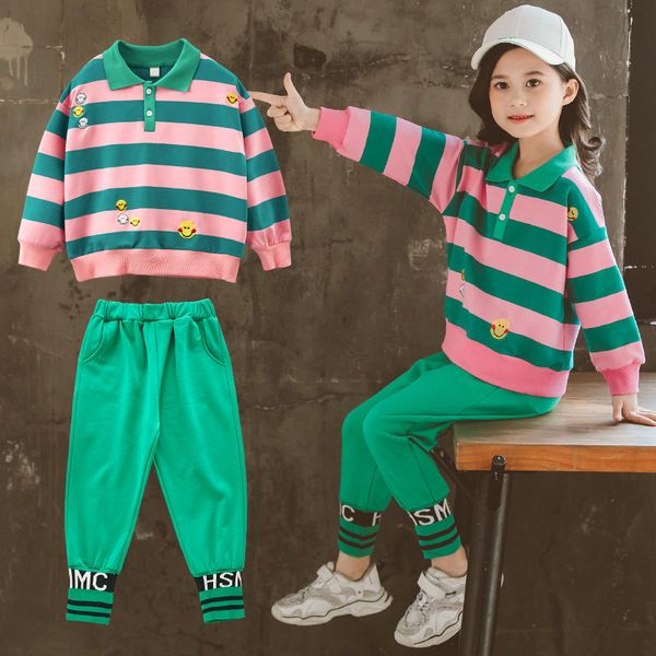 

2021 new sets spring fall teenage girls sport suit fashion sh striped + school pants sweaters for girl clothes 9x8r, White