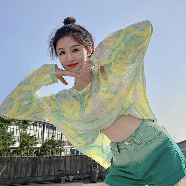 

women's t-shirt women thin sun protection shirt summer woman tshirts letters perspective long sleeve ice silk o-neck bottoming, White