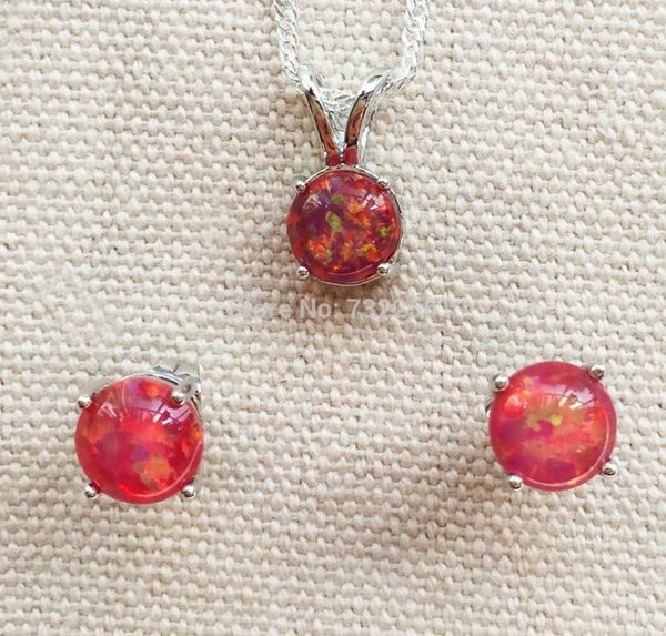 

elegant round 8 mm red fire opal jewelry set necklace + earring for lady, Silver