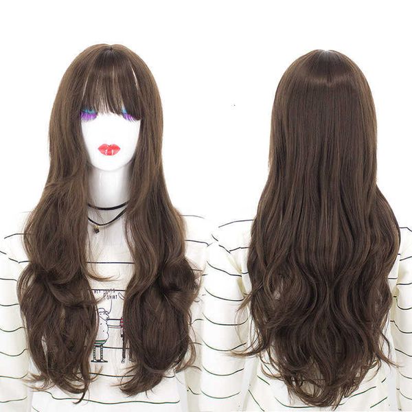 

yiwu women's curly air bangs student's fake head big wave long hair chemical fiber wig cover, Black
