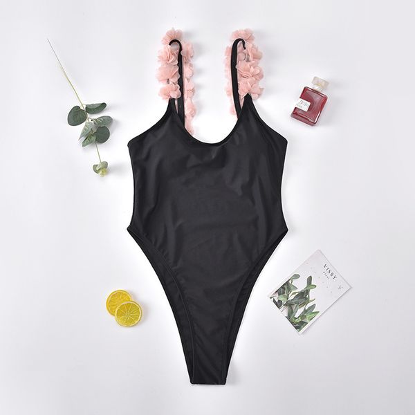 

flower 2020 new swimsuit women's solid color one piece bikini, White;black