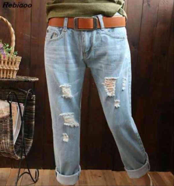 

casual boyfriend denim retro torn womens jean tight fitting pencil plus size harlan high waist pantants calca feminina, Blue