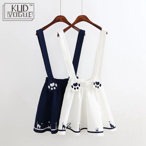 

kawaii skirt lolita harajuku suspender skirt japanese sweet cute cat paw embroidery summer preppy mini skirt cosplay christmas, Black