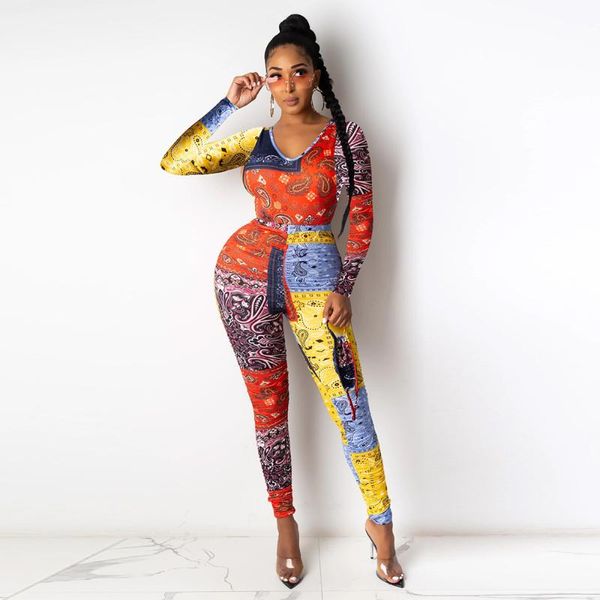 

women's two piece pants bandanna paisley print tracksuit women long sleeve bandage t-shirt and stretchy pencil legging vinage clothes 2, White