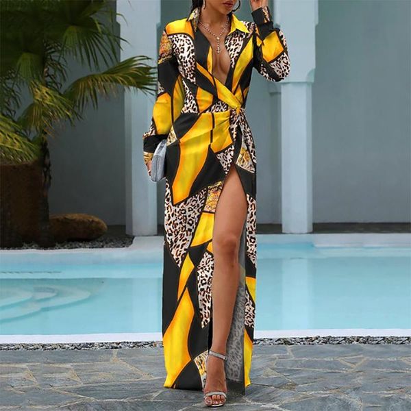 

casual dresses for female womens fashion printing lapel long sleeve high waist split fork dress party vestidos de mujer, Black;gray