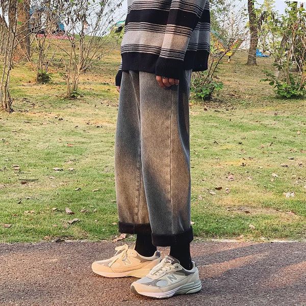 

men's jeans autumn and winter plush thickened straight tube loose warm korean fashion hong kong style leisure long pants, Blue