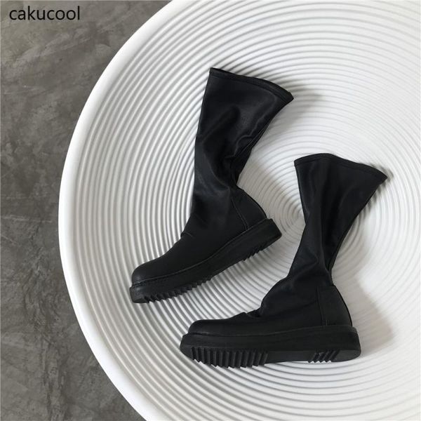 

dress shoes cakucool large women's boots pleated stretch leather knight autumn and winter plus fat, Black