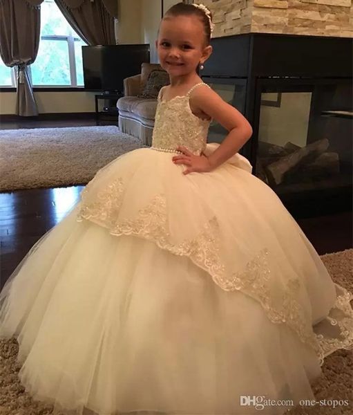 

new puffy ball gowns flower girl dresses for weddings 2017 spaghetti straps beaded lace appliques little girls pageant dress tulle floor len, White;blue
