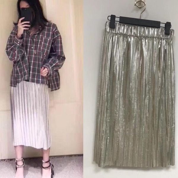 

skirts women skirt pleated midi metallic elasticized waist, Black