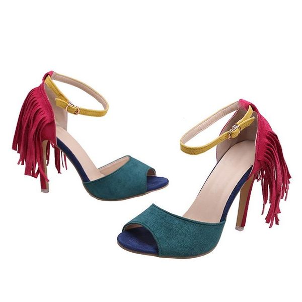 

sandals women high heel tassel patchwork shoes peep toe buckle strap summer snadals thin heels young ladies, Black