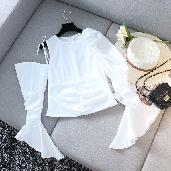 

2021 new blouses cotton shirt asymmetrical white women shirts irregular woman flare long sleeve summer o35j, White;black