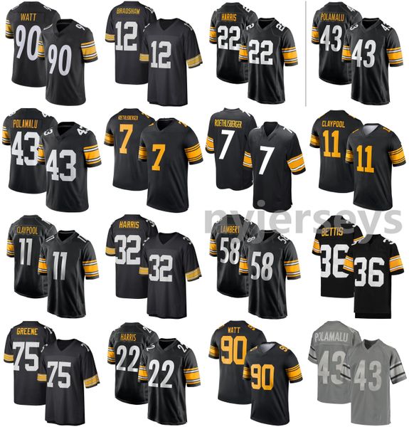 

2021 steelers american football jerseys troy 43 polamalu jersey ben 7 roethlisberger chase 11 claypool franco 32 harris t.j. 90 watt stitche, Black;red