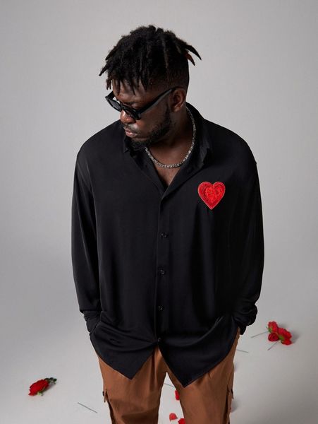 

extended sizes men heart patched button up shirt h1sl#, White;black