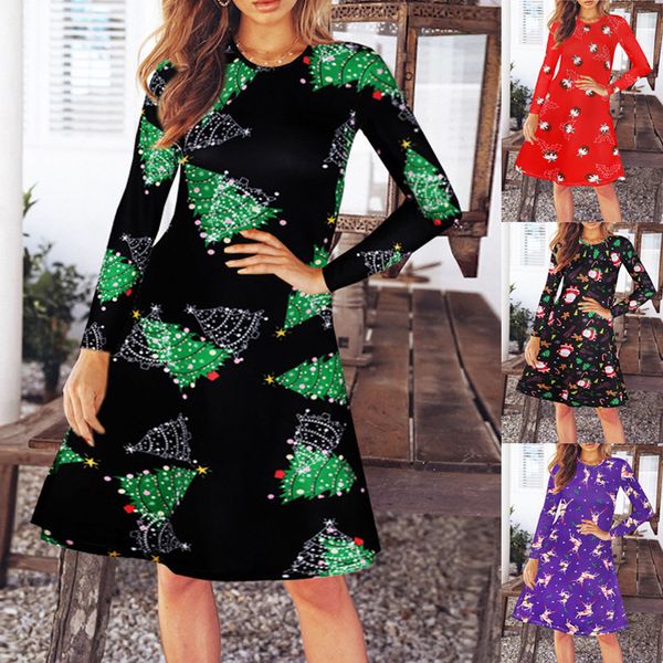 

2021 s-xl size christmas women long sleeve o-neck knitting print winter new year party fashion mini cartoon es female 1y3m, Black;gray