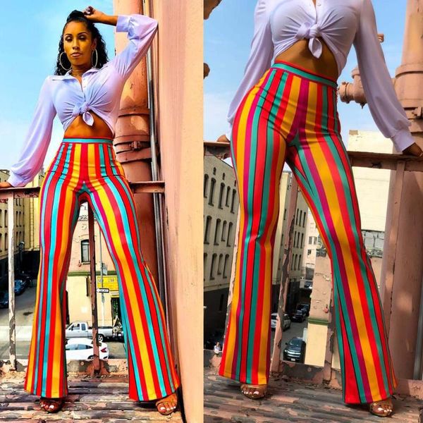 

women's pants & capris fashion 2021 spring colorful striped flare women casual high waist trousers bell-bottomed ladies palazzo office, Black;white
