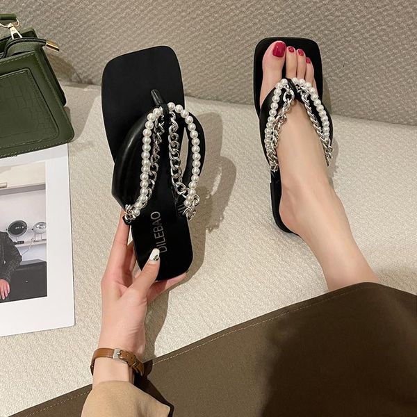 

slippers female shoes womens outdoor rubber flip flops luxury slides 2021 flat hawaiian soft designer beach pu chain basic, Black
