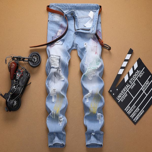 

2021 blue skies men's spandex denim pants of the fashion brand new anguished design torn manly jeans plus size 29-denim oi5d