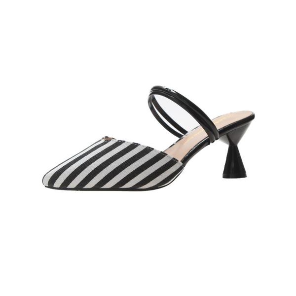 

sandals and slippers, women's stilettos, striped fashion pointy sandals, small fresh baotou half-drag high heels, Black