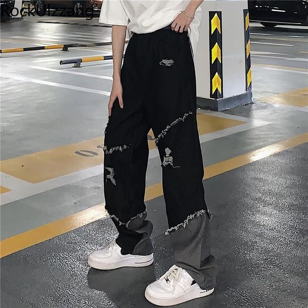 

women's jeans casual loose straight patchwork ripped hole black gray fashion denim pant trouser boyfriend woman man harajuku streetwear, Blue