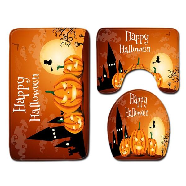 

bath mats halloween decor terror castle 3 pcs bathroom mat set washable u-shaped toilet lid cover rug non-slip floor pad pumpkin