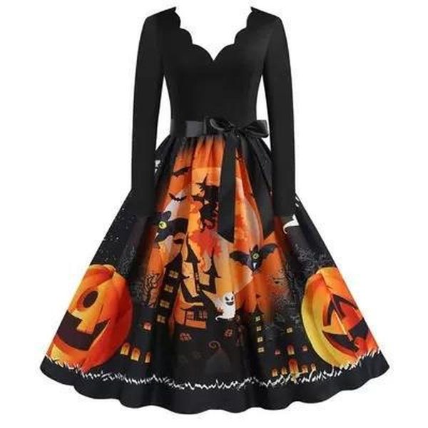 

halloween color matching printed women s long-sleeved dress ladies comfortable and loose party, Black;gray