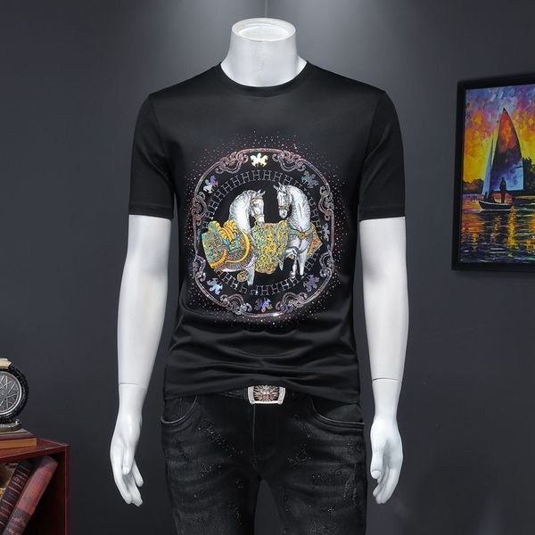 

2021 harujuku new drilling mens t shirt casual short sleeve camisetas luxury animal print male t-shirt 41a7, White;black