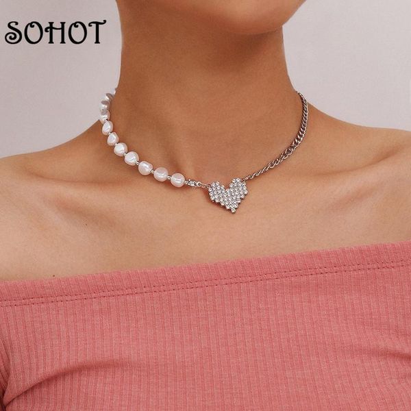 

chokers so romantic cute imitation crystal heart pendant round pearl chain women choker neckalce for female birthday jewelry bijoux, Golden;silver