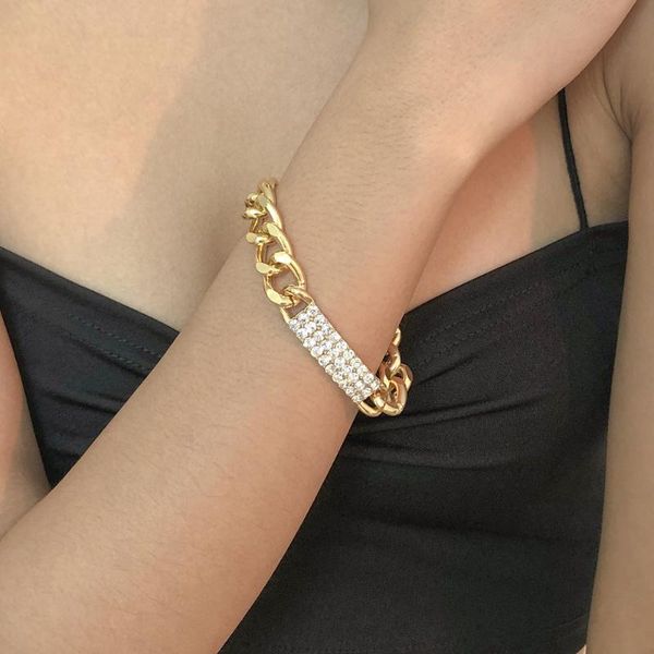 

link, chain cuban bracelets for women gold link rhinestone charm bangles couple hip hop fashion wrist jewelry, Black