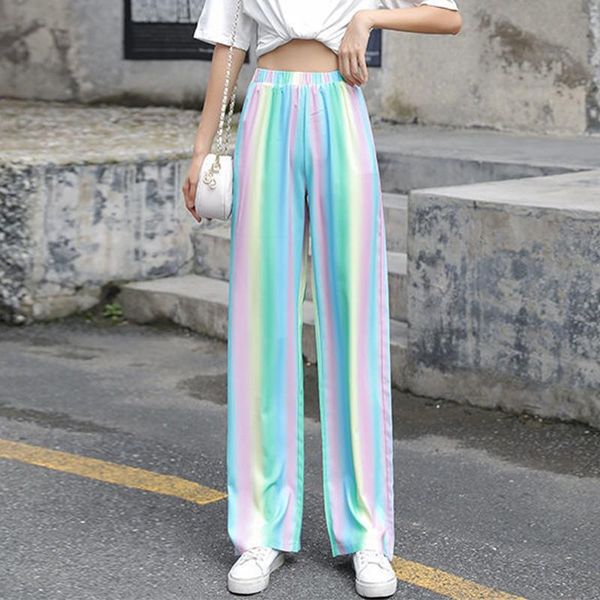 

women's pants & capris streetwear summer rainbow tie dye printed high waist straight gradient loose y2k wide leg drape mopping trousers, Black;white